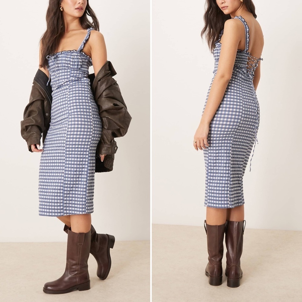 Free People Lucinda Gingham Midi Dress in Indigo Blue NWT Women’s Size Small